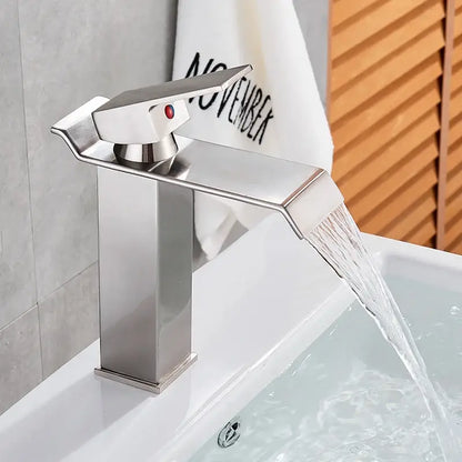 Modern matte black brass bathroom waterfall sink faucet with sleek brushed stainless steel waterfall spout and red indicator light