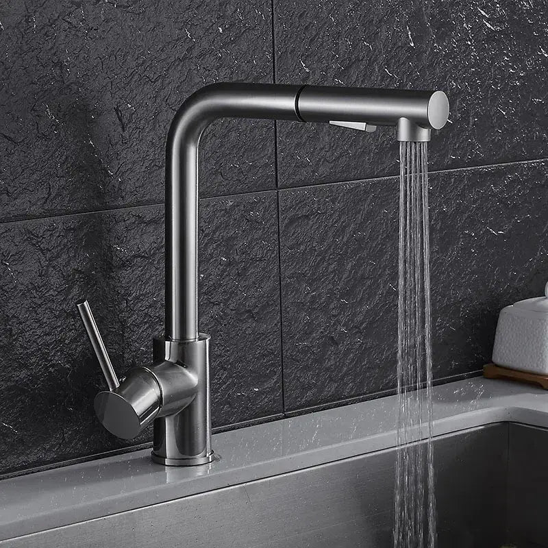 Modern matte black brass brushed nickel kitchen faucet with sleek curved spout and pull-down spray for brushed nickel kitchen decorbites