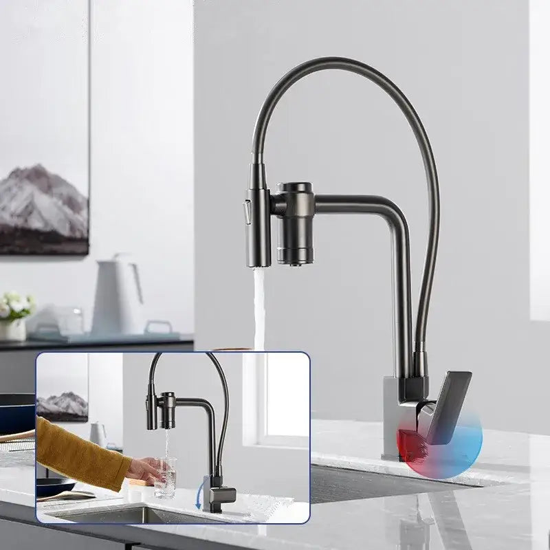 Modern matte black brass flexible 3 way kitchen filter tap mixer with pull-down spray head by decorbites black brass