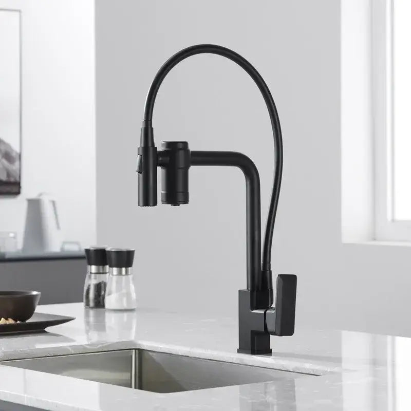 Modern matte black brass flexible 3 way kitchen filter tap mixer with black brass decorbites finish and pull-down spray head