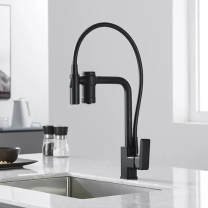 Modern matte black brass flexible 3 way kitchen filter tap mixer with black brass decorbites finish and pull-down spray head