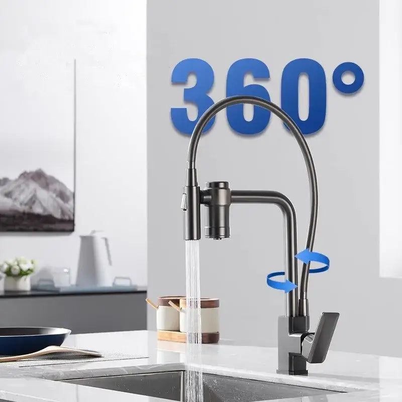 Modern matte black brass kitchen filter tap mixer with flexible gooseneck spout and pull-down spray head decorbites black brass