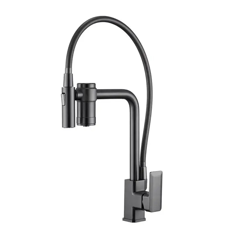 Modern matte black brass flexible 3 way kitchen filter tap mixer with black matte finish and pull-down spray head by decorbites black brass