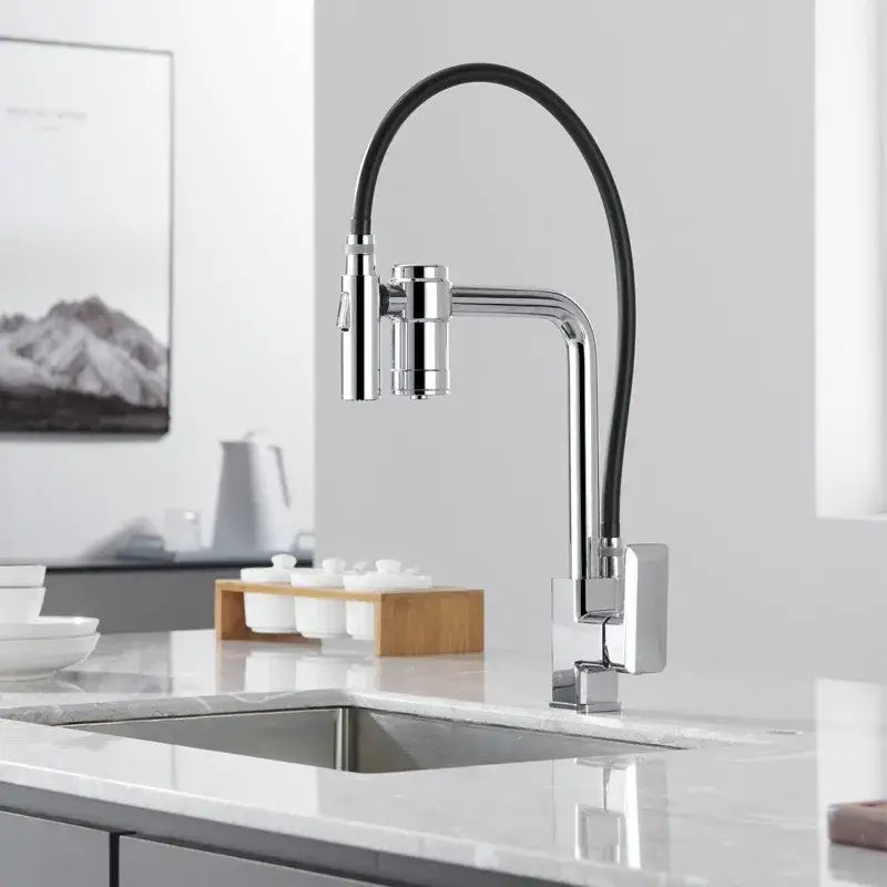 Modern matte black brass flexible 3 way kitchen filter tap mixer with chrome finish arched spout and black hose decorbites black brass