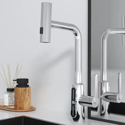 Modern matte black brass kitchen faucet pull out mixer with a sleek chrome curved spout and digital temperature display decorbites brass kitchen