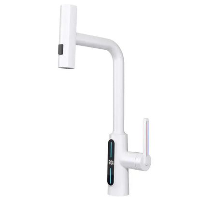 Modern matte black brass kitchen faucet pull out mixer with integrated digital temperature display and vertical handle decorbites brass kitchen