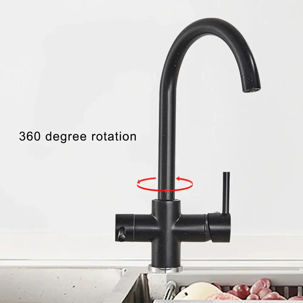 Modern matte black brass kitchen faucet with filter dual handles and 360-degree rotating curved spout by decorbites brass kitchen