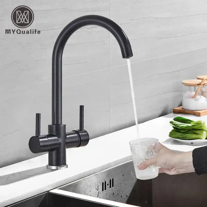 Modern matte black brass kitchen faucet with filter and dual handles featuring a sleek curved spout by decorbites brass kitchen