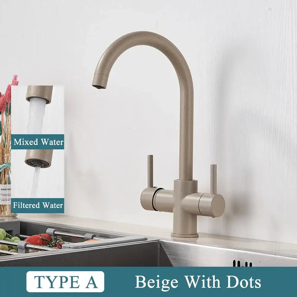 Beige decorbites brass kitchen faucet with matte finish, subtle dot pattern, dual handles for mixed and filtered water