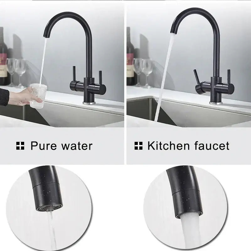 Modern matte black brass kitchen faucet with filter and dual handles featuring a curved spout for decorbites brass kitchen
