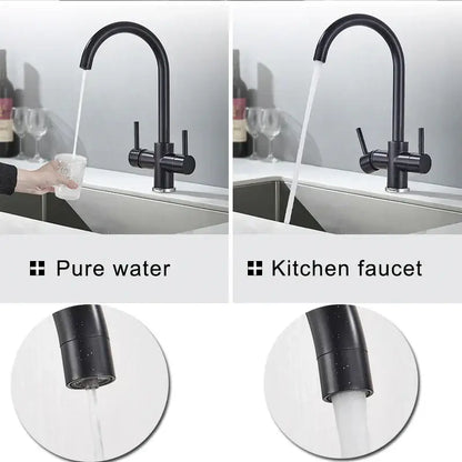 Modern matte black brass kitchen faucet with filter and dual handles featuring a curved spout for decorbites brass kitchen