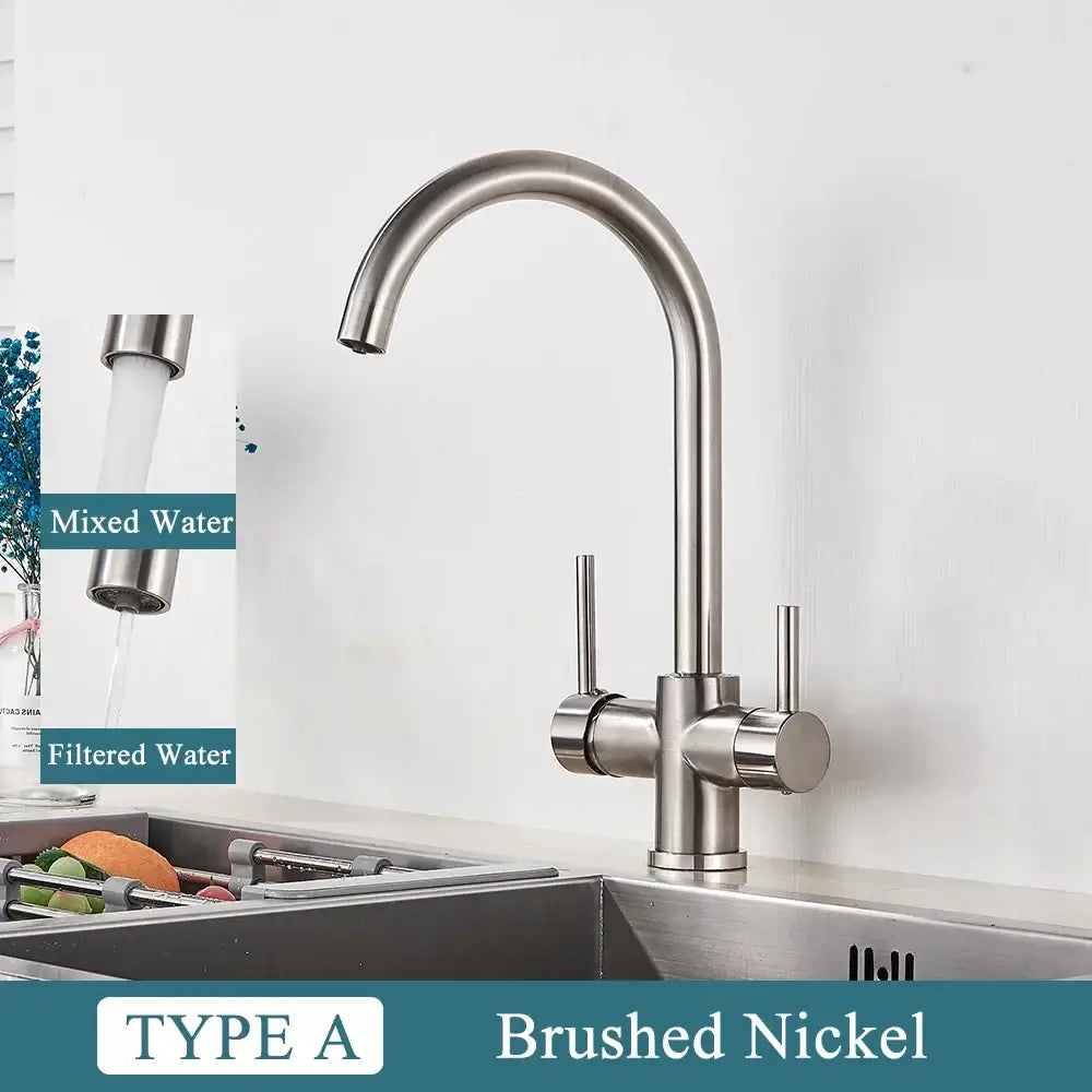 Modern matte black brass kitchen faucet with dual handles and brushed nickel curved spout for mixed and filtered water decorbites brass kitchen
