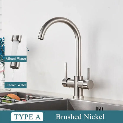 Modern matte black brass kitchen faucet with dual handles and brushed nickel curved spout for mixed and filtered water decorbites brass kitchen