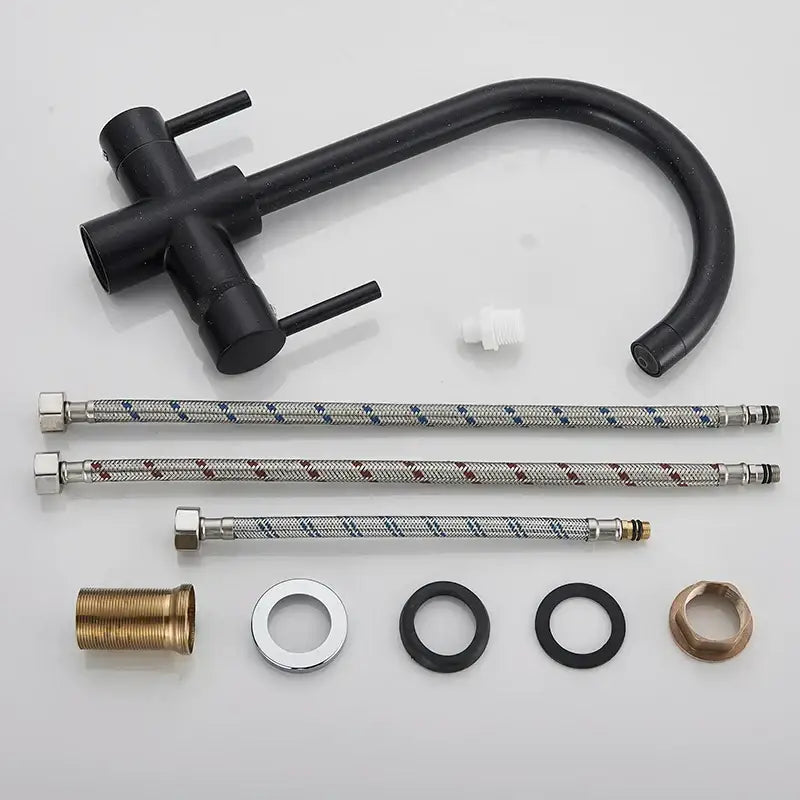 Modern matte black brass kitchen faucet with filter dual handles curved spout and braided metal hoses by decorbites brass kitchen