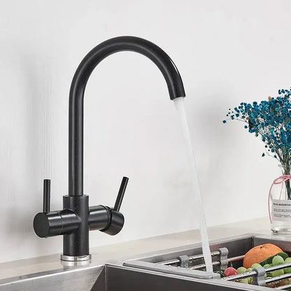 Modern matte black brass kitchen faucet with filter and dual handles featuring a curved spout for decorbites brass kitchen