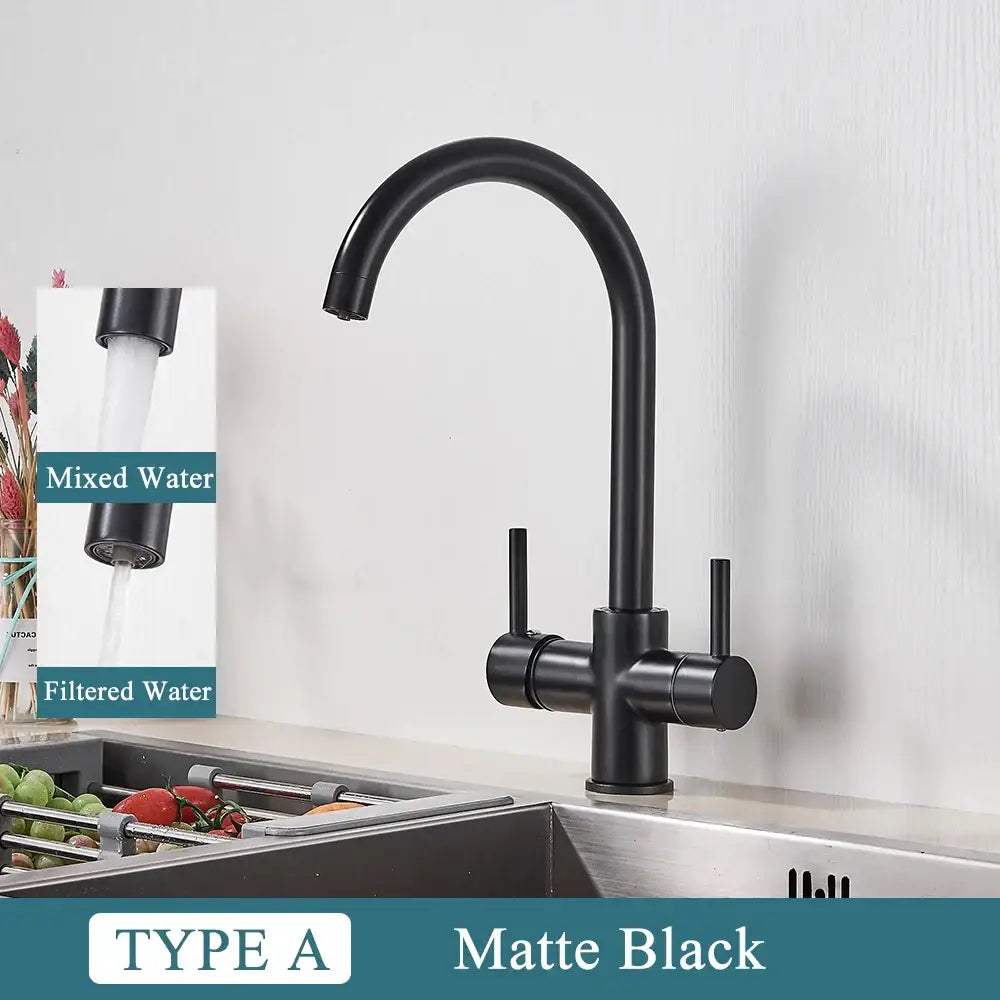 Modern matte black brass kitchen faucet with filter and dual handles featuring dual spouts for mixed and filtered water decorbites brass kitchen