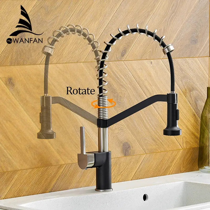 Modern matte black brass kitchen faucet with flexible coiled pull down sprayer for decorbites black brass kitchen use