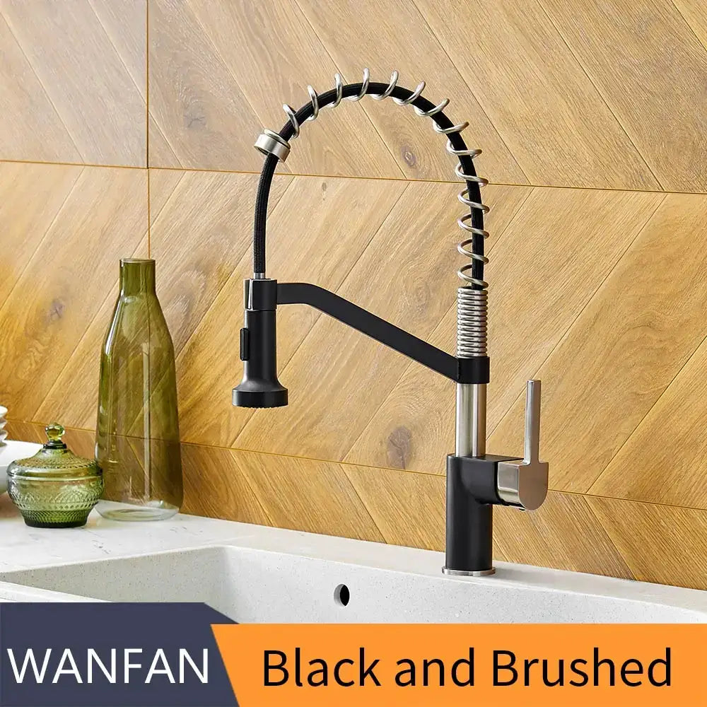 Modern matte black brass kitchen faucet with pull down sprayer and flexible coiled hose for decorbites black brass kitchen use
