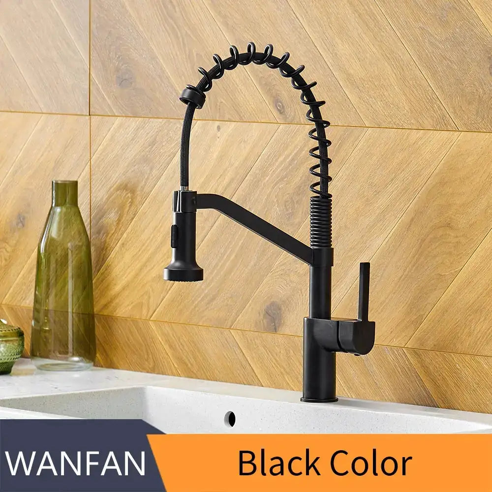 Modern matte black brass kitchen faucet with flexible coiled spring spout and pull down sprayer for decorbites black brass kitchen