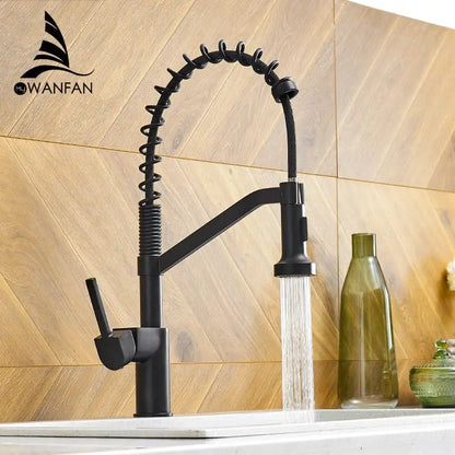 Modern matte black brass kitchen faucet with coiled flexible spout and pull down sprayer for decorbites black brass kitchens