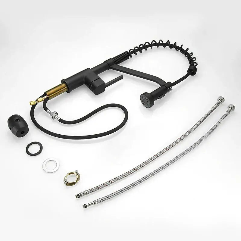 Modern matte black brass kitchen faucet with pull down sprayer featuring black matte finish, flexible hose, and brass accents