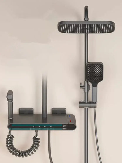 Modern matte black brass shower faucet set with rectangular rainhead handheld spray and digital temperature display