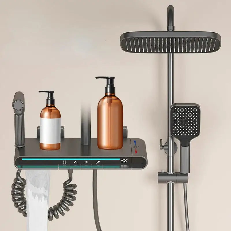 Modern matte black brass shower faucet set with square rainhead handheld spray and digital temperature display