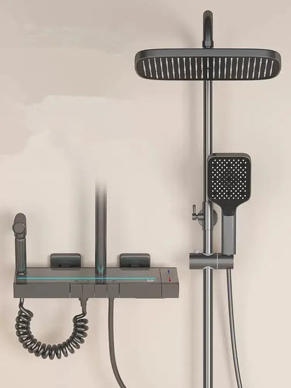 Modern matte black brass shower faucet set with square rainhead and handheld spray featuring sleek metallic fixtures