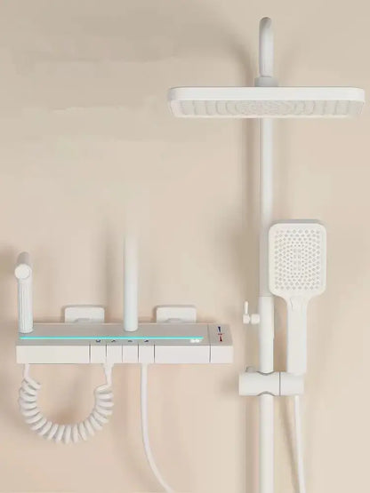 Modern matte black brass shower faucet set with white rectangular rainhead, handheld spray, and integrated led lighting