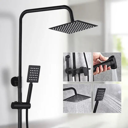 Modern matte black brass shower set with square rain shower head and handheld sprayer by decorbites black brass shower