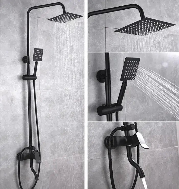 Modern matte black brass shower set with black matte-finish square rain shower head and handheld spray by decorbites black brass shower