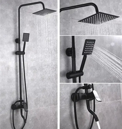 Modern matte black brass shower set with black matte-finish square rain shower head and handheld spray by decorbites black brass shower