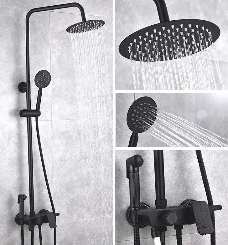Modern matte black brass shower set featuring a black brass shower rainhead handheld spray and adjustable vertical bar decorbites black brass