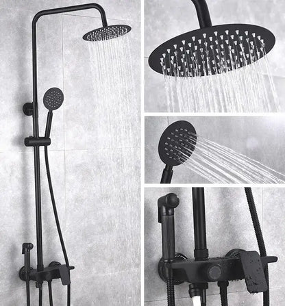 Modern matte black brass shower set featuring a black brass shower rainhead handheld spray and adjustable vertical bar decorbites black brass