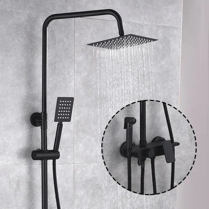 Modern matte black brass shower set with square rain shower head and matching handheld faucet by decorbites black brass