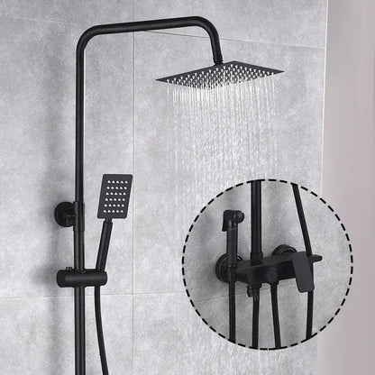 Modern matte black brass shower set with square rain shower head and matching handheld faucet by decorbites black brass