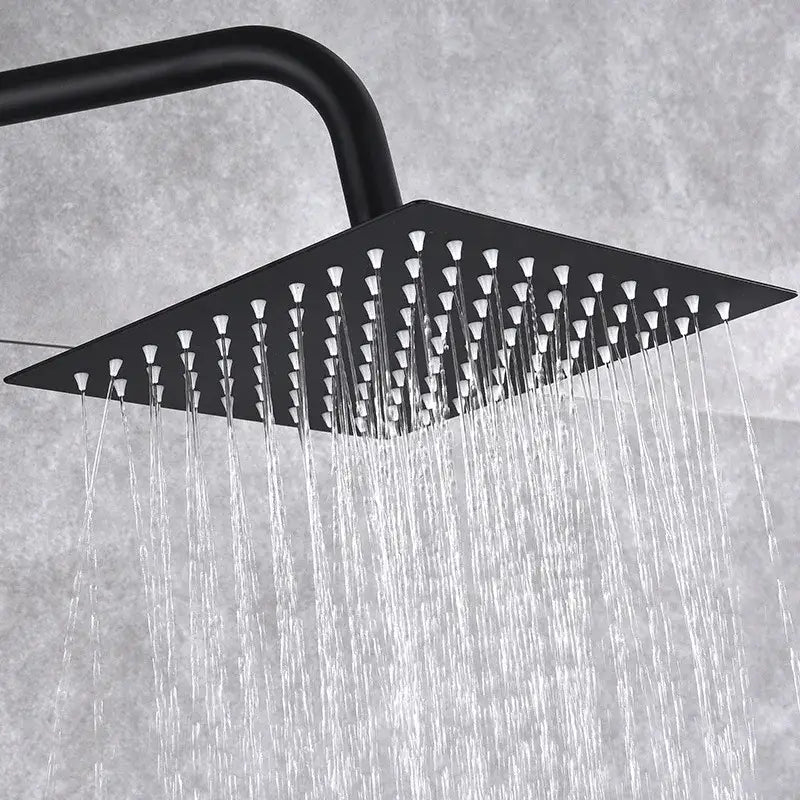 Modern matte black brass shower set featuring a black matte-finished square rain showerhead with multiple nozzles decorbites black brass shower