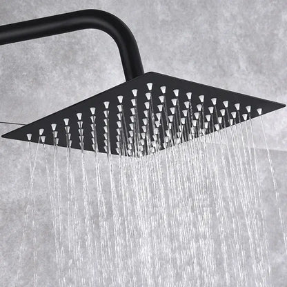 Modern matte black brass shower set featuring a black matte-finished square rain showerhead with multiple nozzles decorbites black brass shower