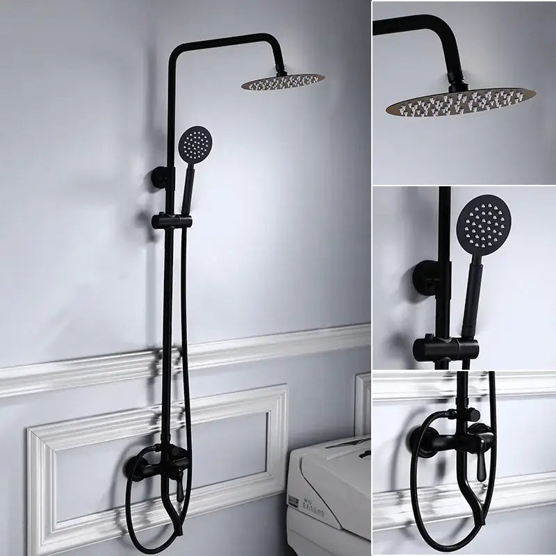Modern matte black brass shower set with rectangular rainhead and handheld spray head for sleek decorbites black brass bathroom design