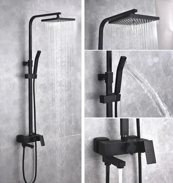 Modern matte black brass shower set with square rainhead and handheld spray by decorbites black brass shower collection