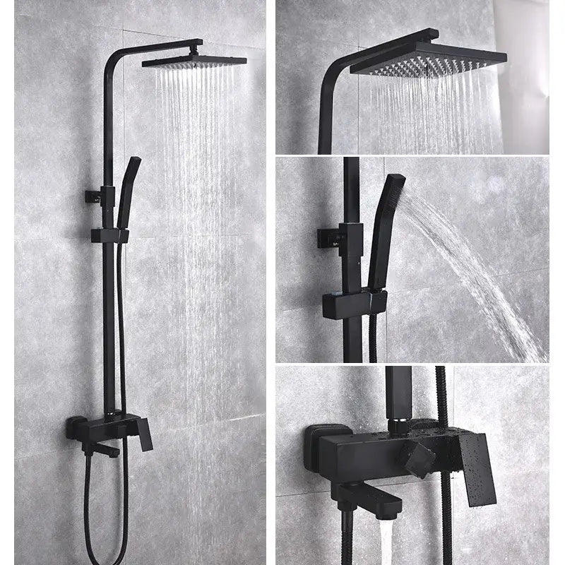 Modern matte black brass shower set with square rainhead handheld spray nozzle and wall-mounted control valve decorbites black brass shower