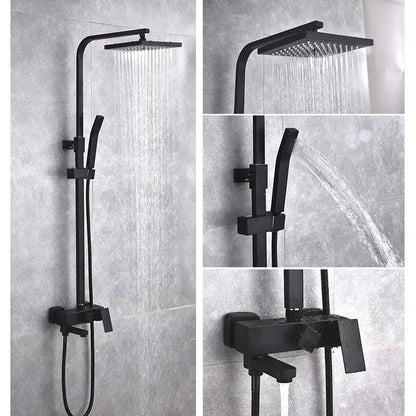 Modern matte black brass shower set with square rainhead handheld spray nozzle and wall-mounted control valve decorbites black brass shower