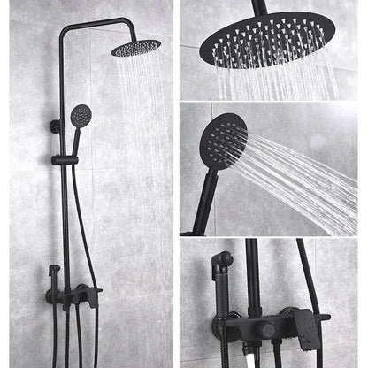 Modern matte black brass shower set with rectangular rainhead handheld spray and wall-mounted control valve by decorbites black brass shower