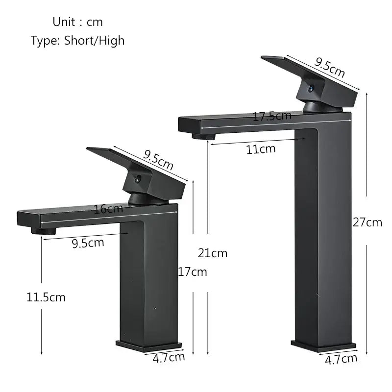 Modern matte black brass square basin faucet with sleek rectangular spout and flat handle by decorbites black brass