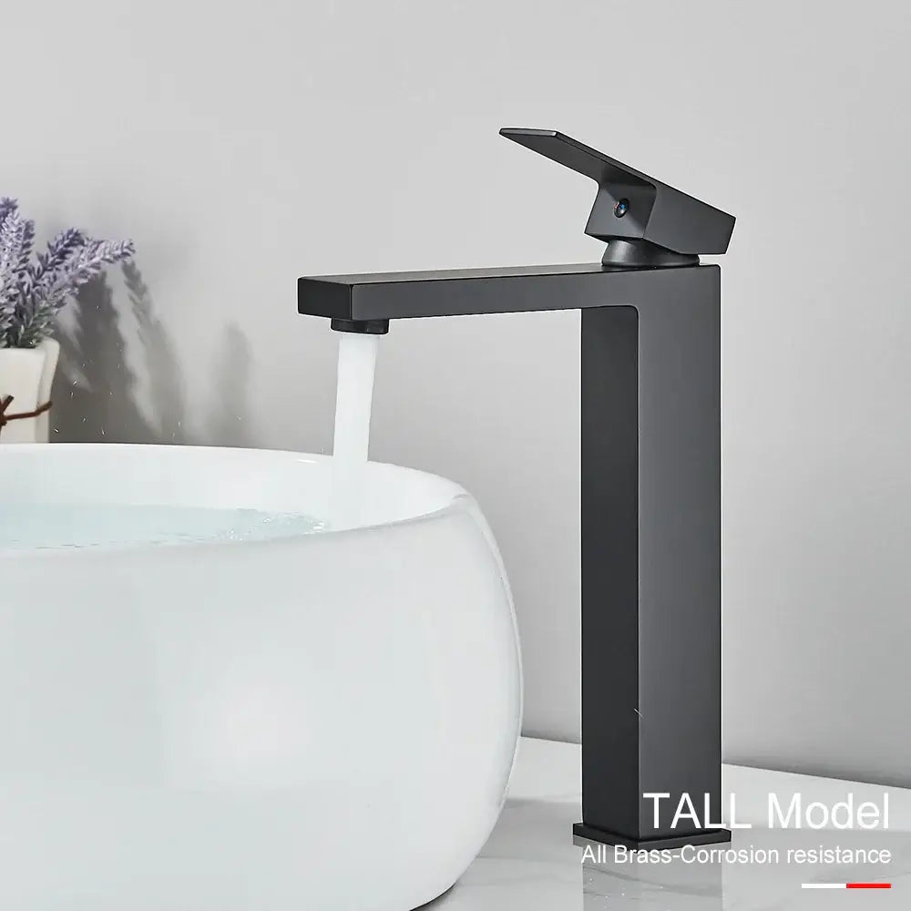 Modern matte black brass square basin faucet with tall black matte finish and sleek rectangular design by decorbites black brass