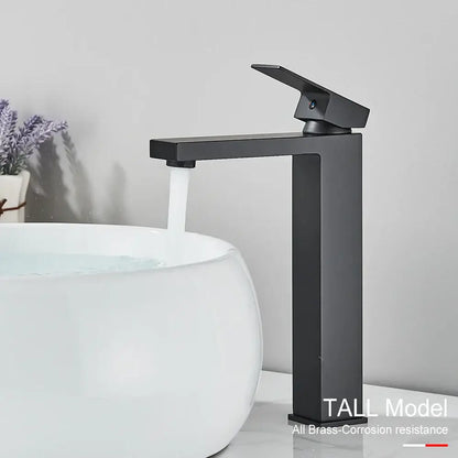 Modern matte black brass square basin faucet with tall black matte finish and sleek rectangular design by decorbites black brass