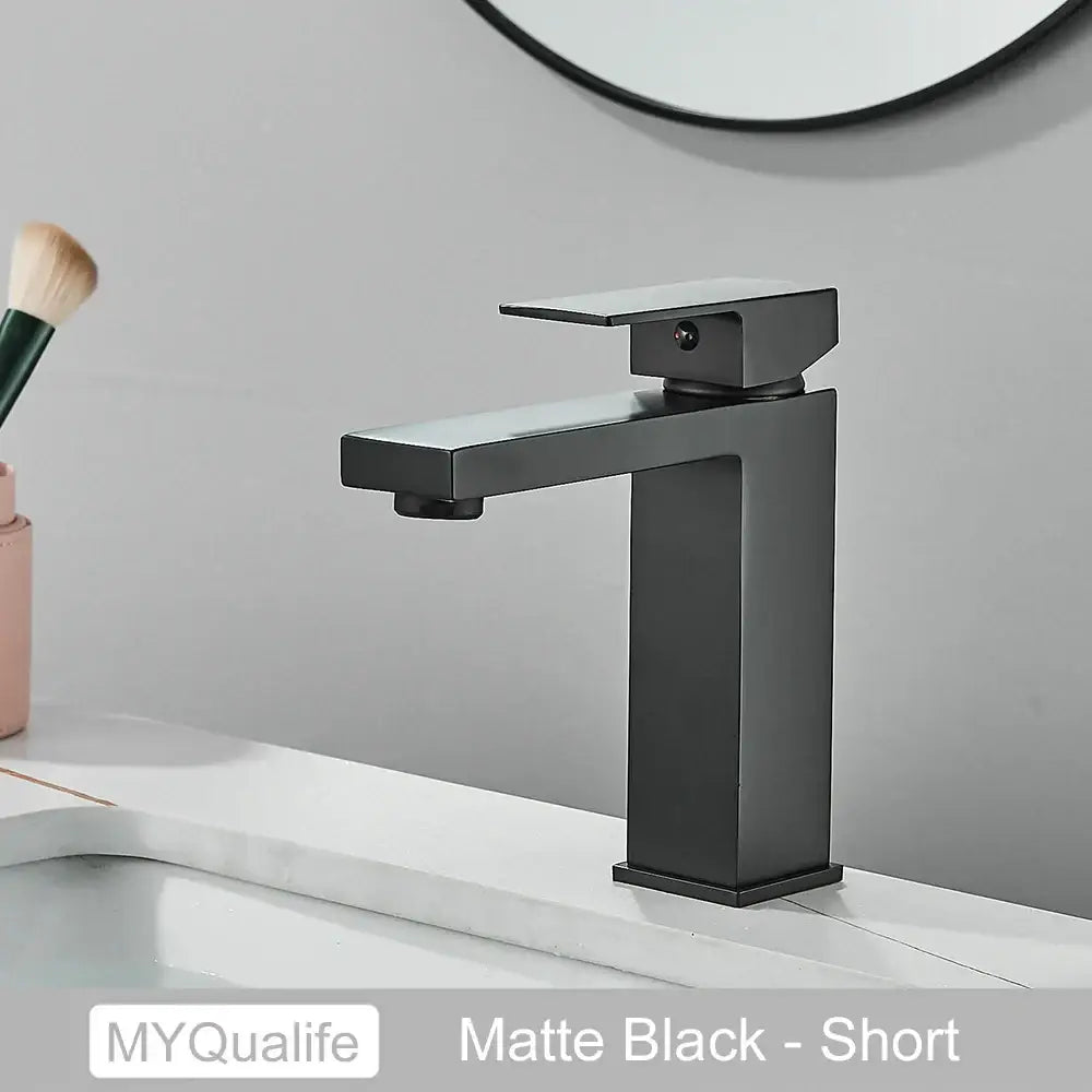 Modern matte black brass square basin faucet with short sleek rectangular design by decorbites black brass
