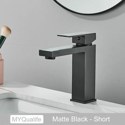 Modern matte black brass square basin faucet with short sleek rectangular design by decorbites black brass