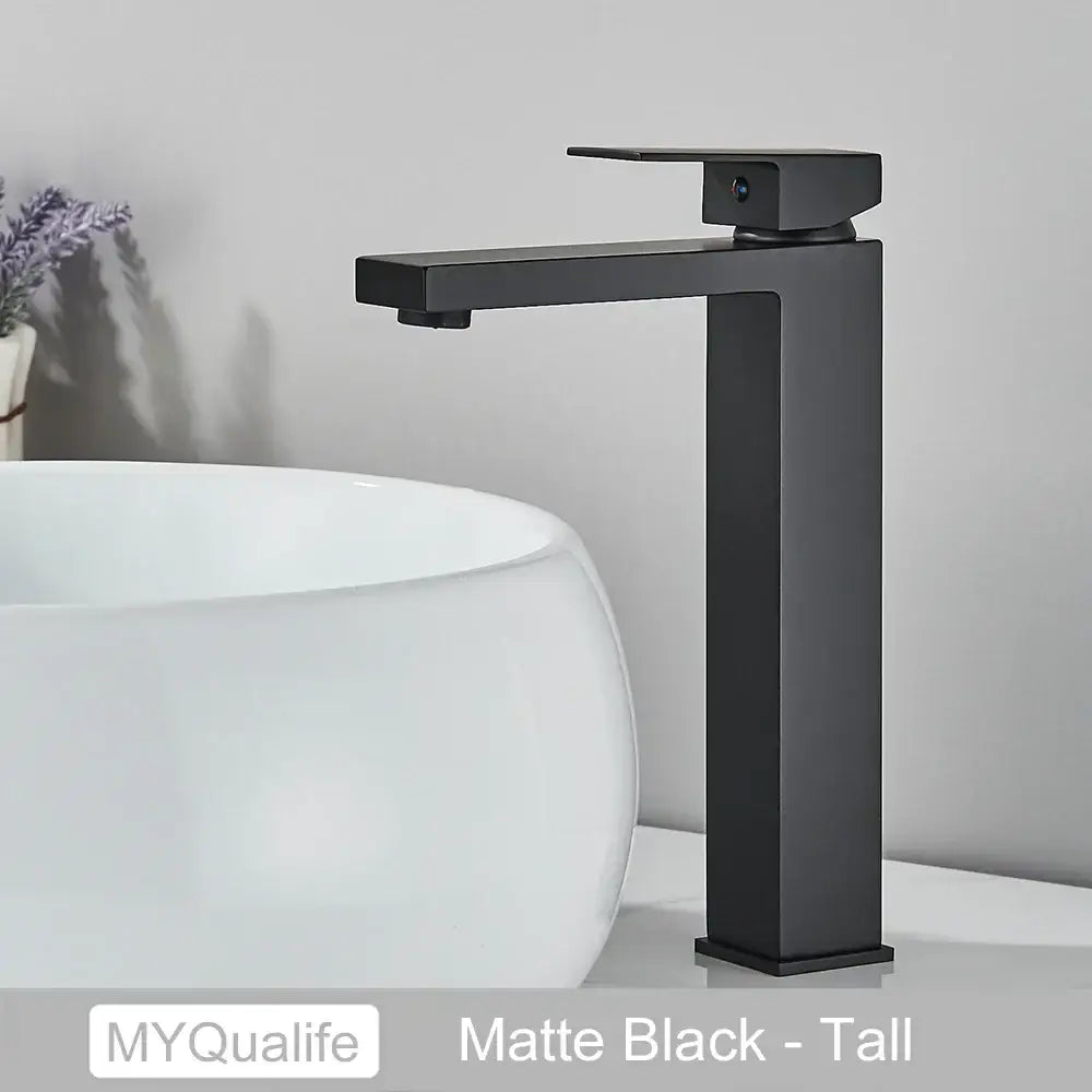 Modern matte black brass square basin faucet with tall minimalist design from decorbites black brass collection