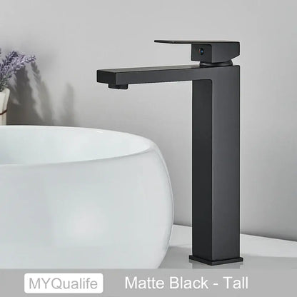 Modern matte black brass square basin faucet with tall minimalist design from decorbites black brass collection